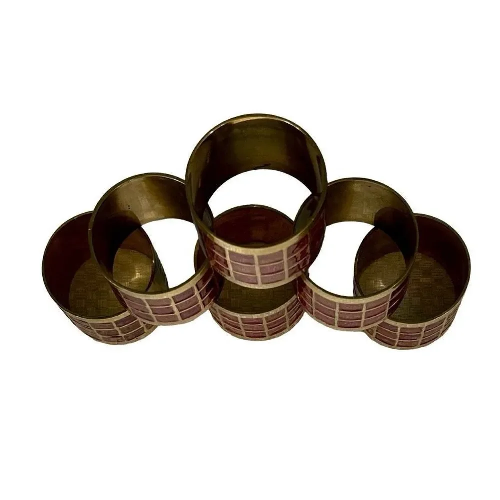 Pier 1 Vintage Brass with Red Enamel Napkin Rings Holder Set of 6 Geometric 80’s